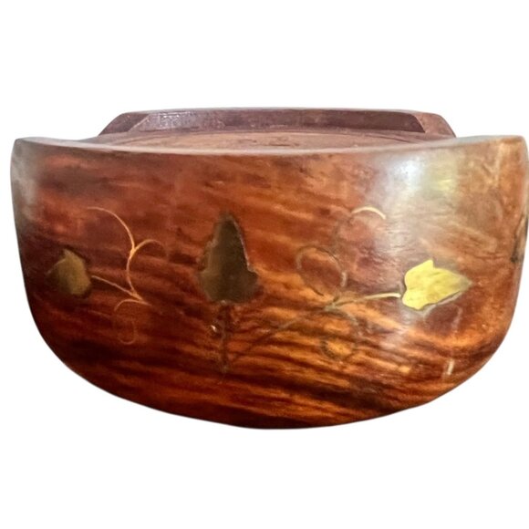 Vtg Teak Wood Coaster Set Brass Inlay Caddy & Hand-Carved Coasters 3 3/8" India - Picture 2 of 14